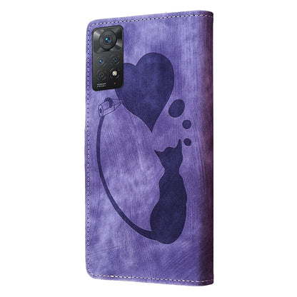 Xiaomi Redmi Note 11 Pro 5G Heart & Cat Embossed Multi-Functional Pen Leather Wallet Phone Case with Stand and Card Slots