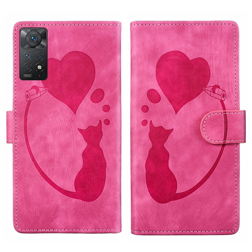 Xiaomi Redmi Note 11 Pro 5G Heart & Cat Embossed Multi-Functional Pen Leather Wallet Phone Case with Stand and Card Slots