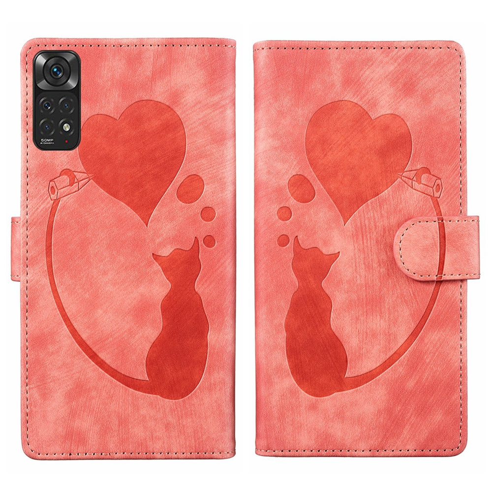 Xiaomi Redmi Note 11S 4G Heart & Cat Embossed Multi-Functional Pen Leather Wallet Phone Case with Stand and Card Slots