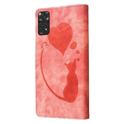 Xiaomi Redmi Note 11S 4G Heart & Cat Embossed Multi-Functional Pen Leather Wallet Phone Case with Stand and Card Slots