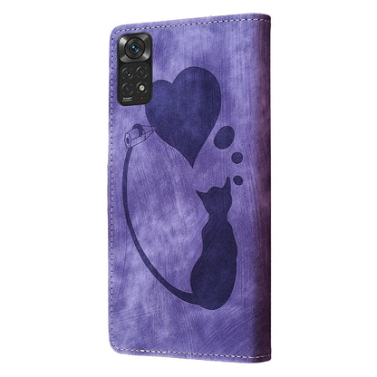 Xiaomi Redmi Note 11S 4G Heart & Cat Embossed Multi-Functional Pen Leather Wallet Phone Case with Stand and Card Slots