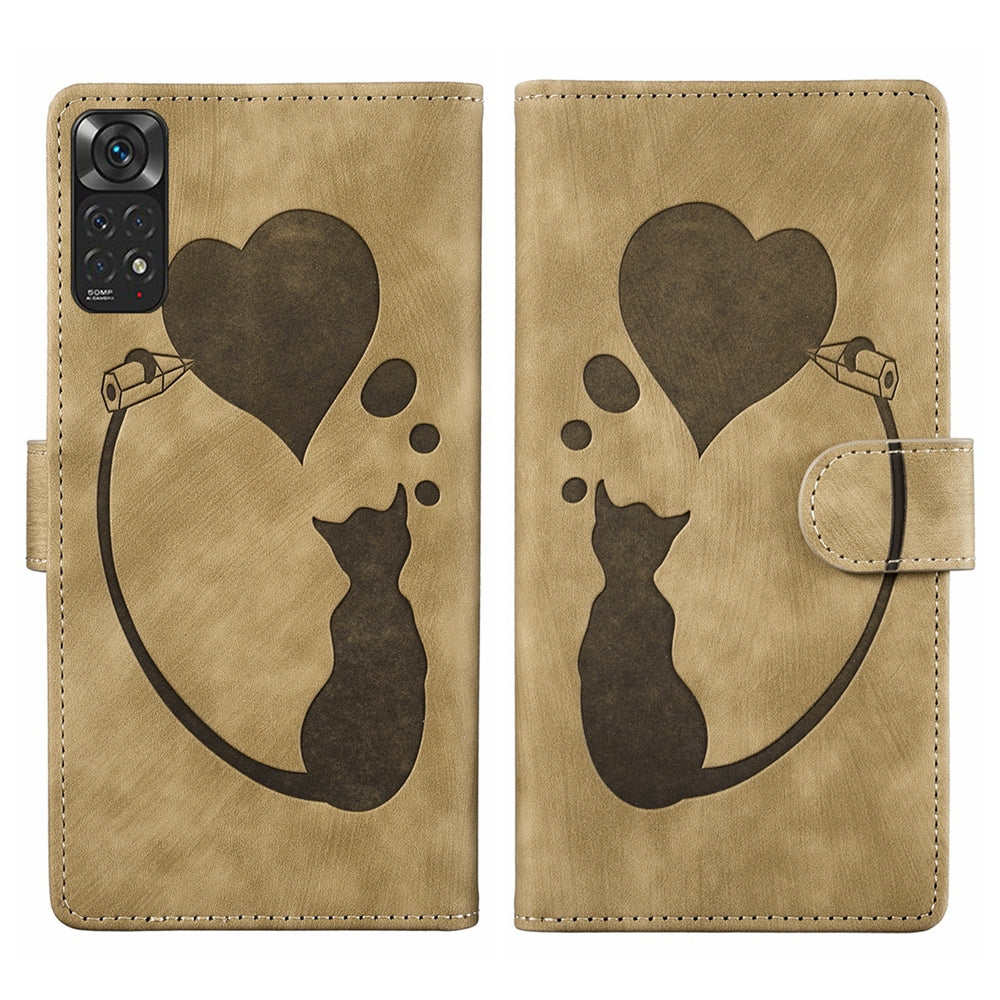 Xiaomi Redmi Note 11S 4G Heart & Cat Embossed Multi-Functional Pen Leather Wallet Phone Case with Stand and Card Slots