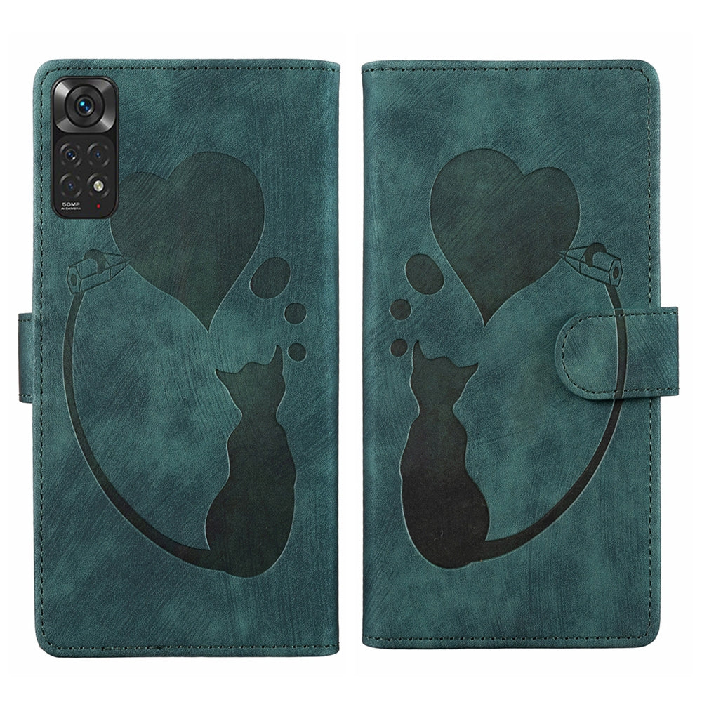 Xiaomi Redmi Note 11S 4G Heart & Cat Embossed Multi-Functional Pen Leather Wallet Phone Case with Stand and Card Slots