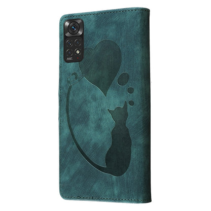 Xiaomi Redmi Note 11S 4G Heart & Cat Embossed Multi-Functional Pen Leather Wallet Phone Case with Stand and Card Slots