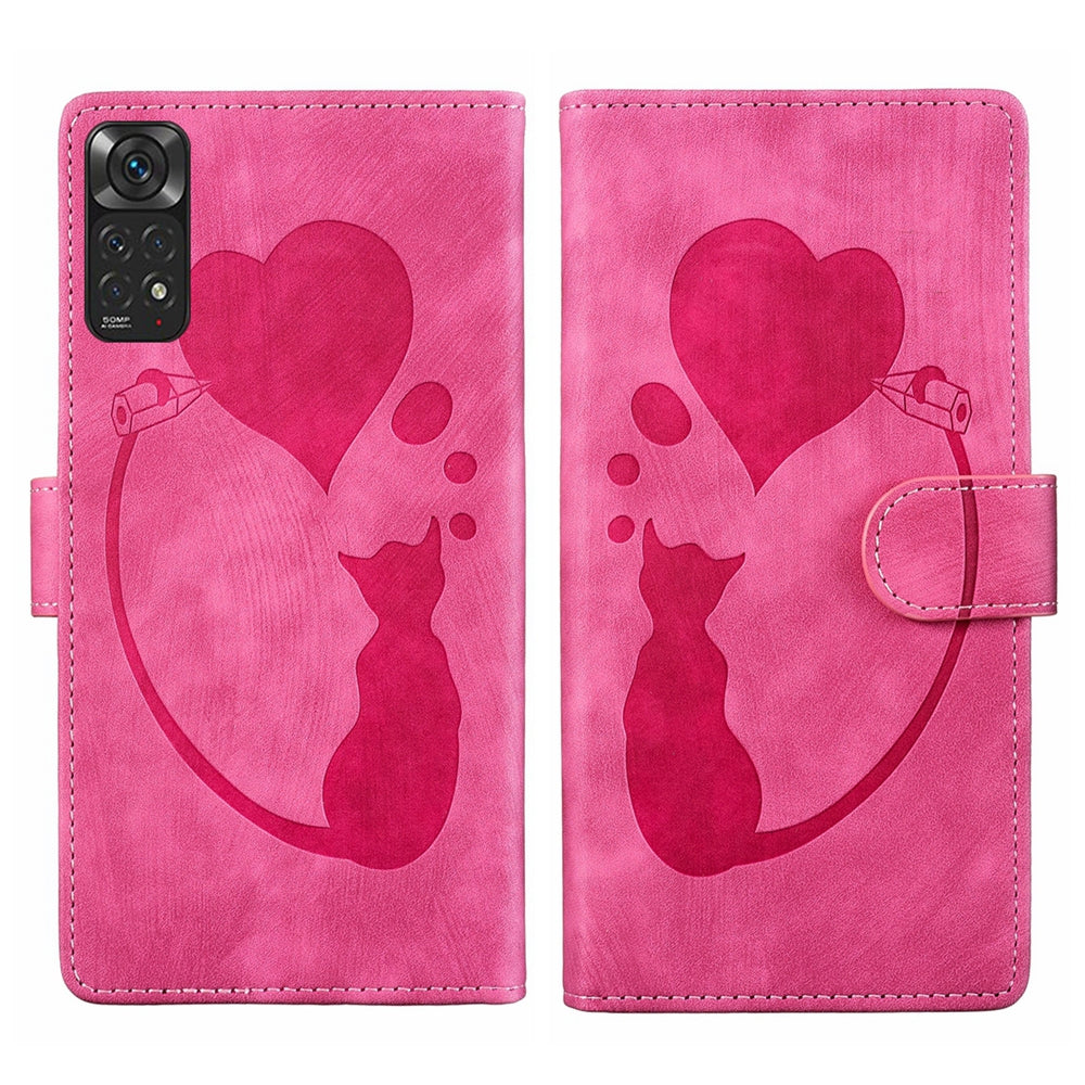 Xiaomi Redmi Note 11S 4G Heart & Cat Embossed Multi-Functional Pen Leather Wallet Phone Case with Stand and Card Slots