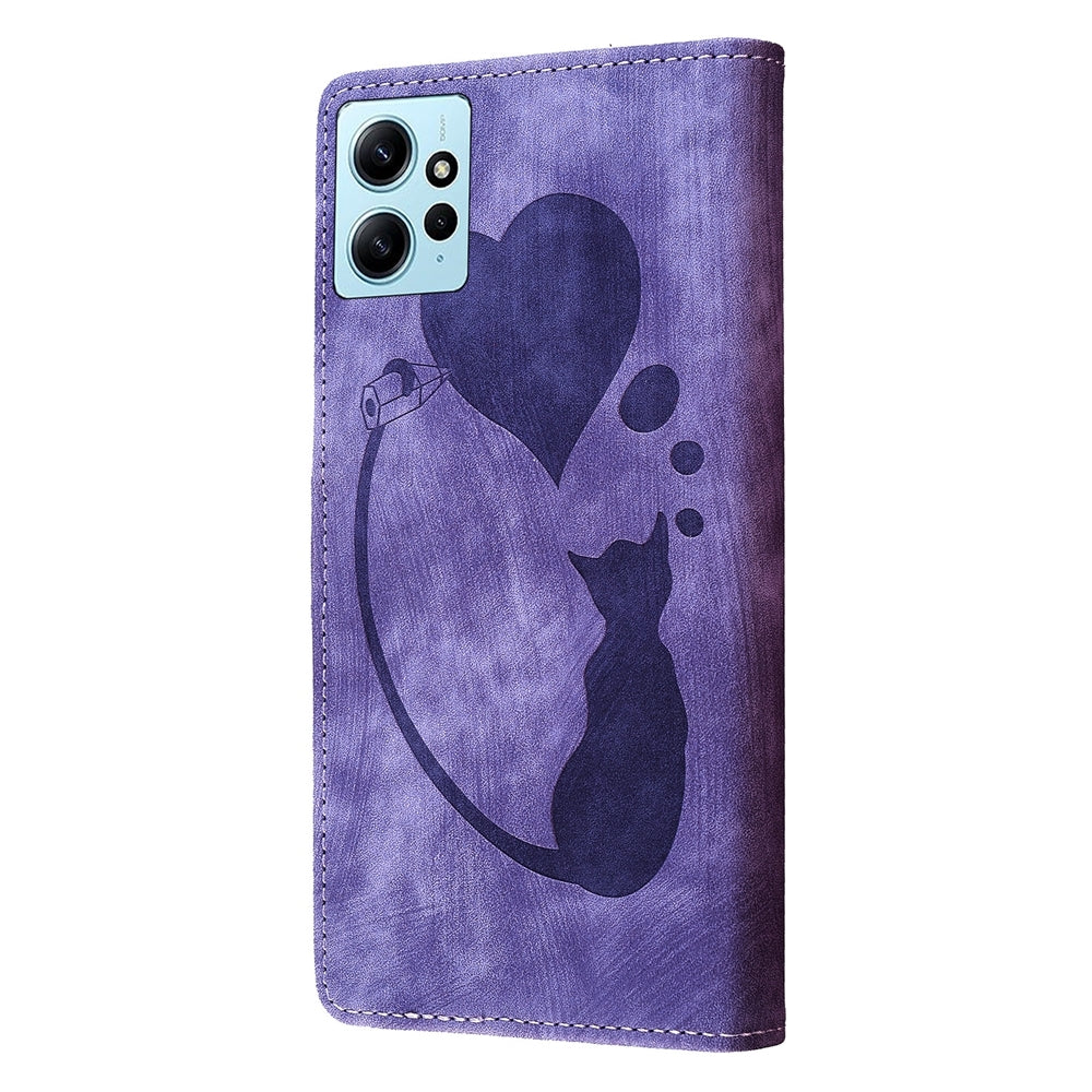 Xiaomi Redmi Note 12 4G Global Heart & Cat Embossed Multi-Functional Pen Leather Wallet Phone Case with Stand and Card Slots