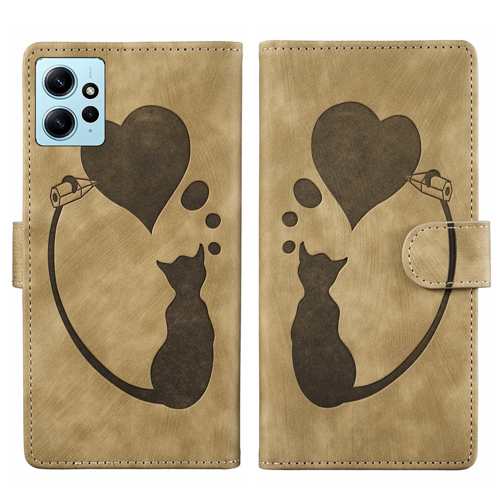 Xiaomi Redmi Note 12 4G Global Heart & Cat Embossed Multi-Functional Pen Leather Wallet Phone Case with Stand and Card Slots