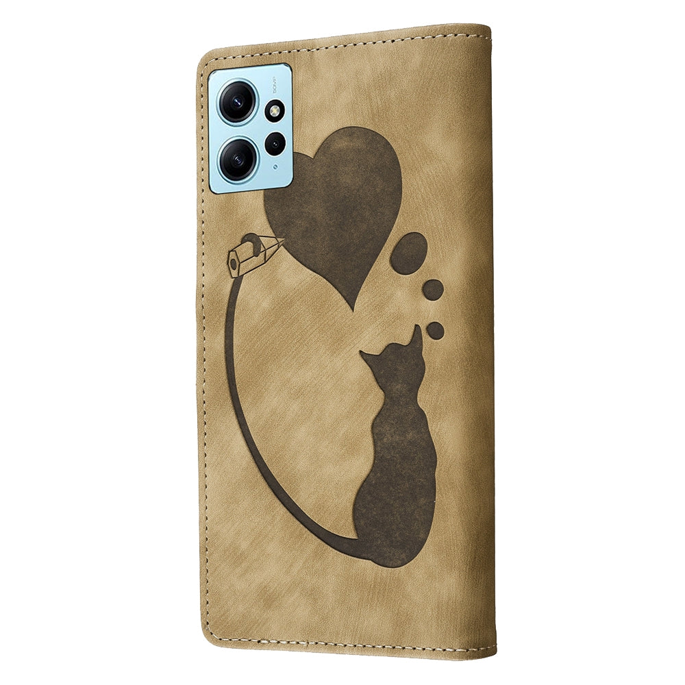 Xiaomi Redmi Note 12 4G Global Heart & Cat Embossed Multi-Functional Pen Leather Wallet Phone Case with Stand and Card Slots