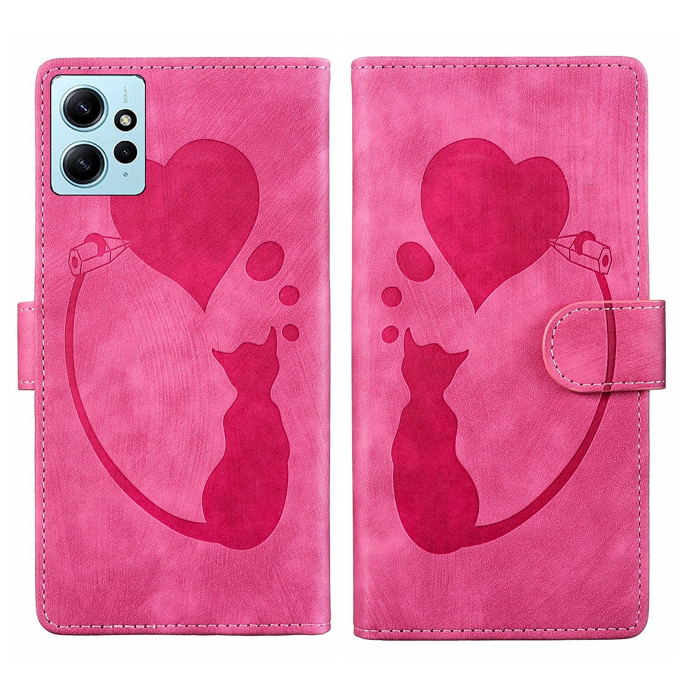 Xiaomi Redmi Note 12 4G Global Heart & Cat Embossed Multi-Functional Pen Leather Wallet Phone Case with Stand and Card Slots