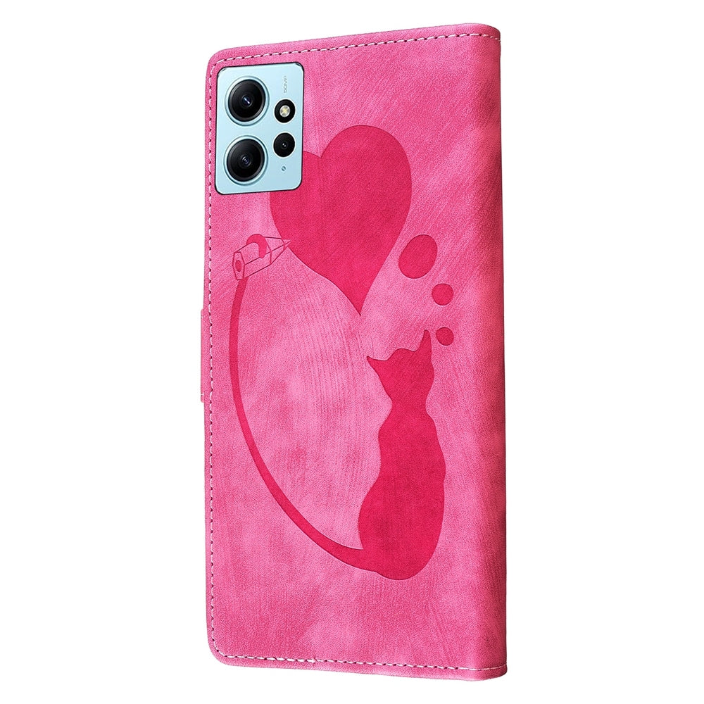 Xiaomi Redmi Note 12 4G Global Heart & Cat Embossed Multi-Functional Pen Leather Wallet Phone Case with Stand and Card Slots