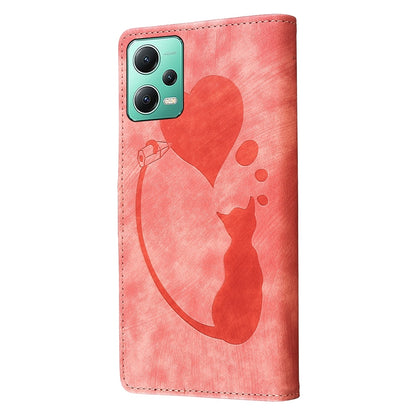 Xiaomi Redmi Note 12 5G Global Heart & Cat Embossed Multi-Functional Pen Leather Wallet Phone Case with Stand and Card Slots