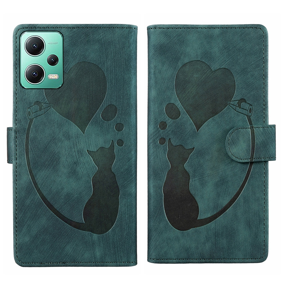 Xiaomi Redmi Note 12 5G Global Heart & Cat Embossed Multi-Functional Pen Leather Wallet Phone Case with Stand and Card Slots