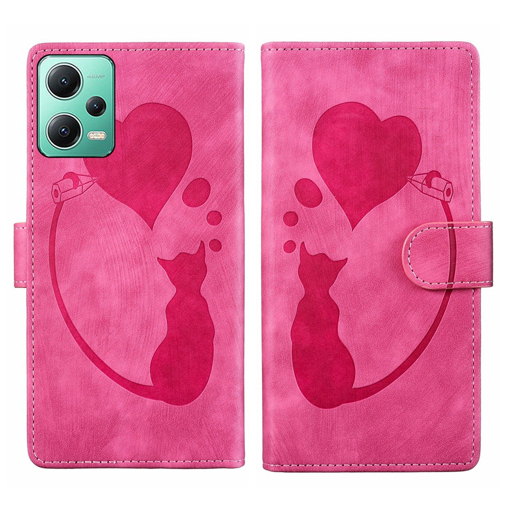 Xiaomi Redmi Note 12 5G Global Heart & Cat Embossed Multi-Functional Pen Leather Wallet Phone Case with Stand and Card Slots