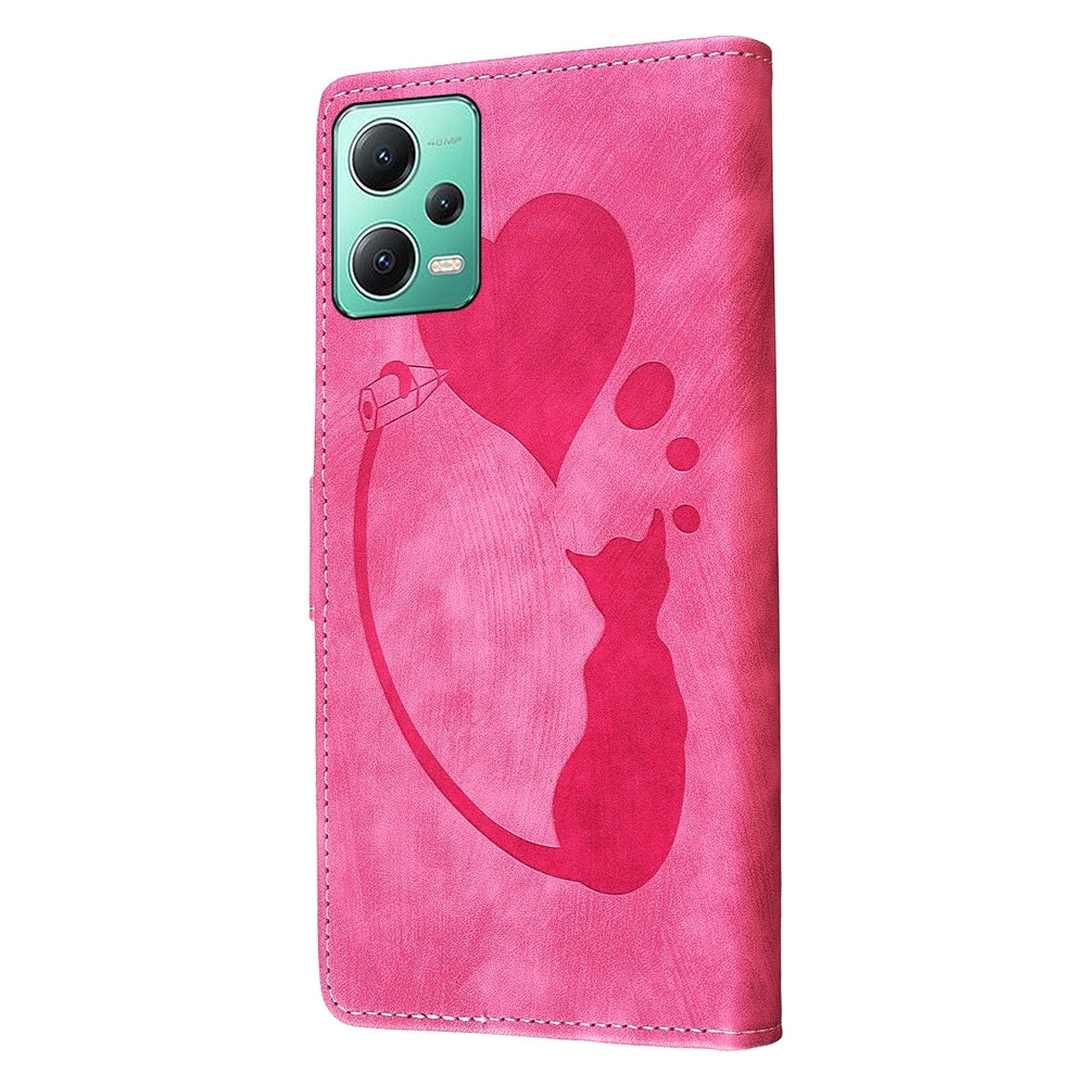 Xiaomi Redmi Note 12 5G Global Heart & Cat Embossed Multi-Functional Pen Leather Wallet Phone Case with Stand and Card Slots