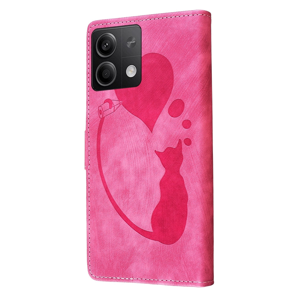 Xiaomi Redmi Note 13 5G Heart & Cat Embossed Multi-Functional Pen Leather Wallet Phone Case with Stand and Card Slots