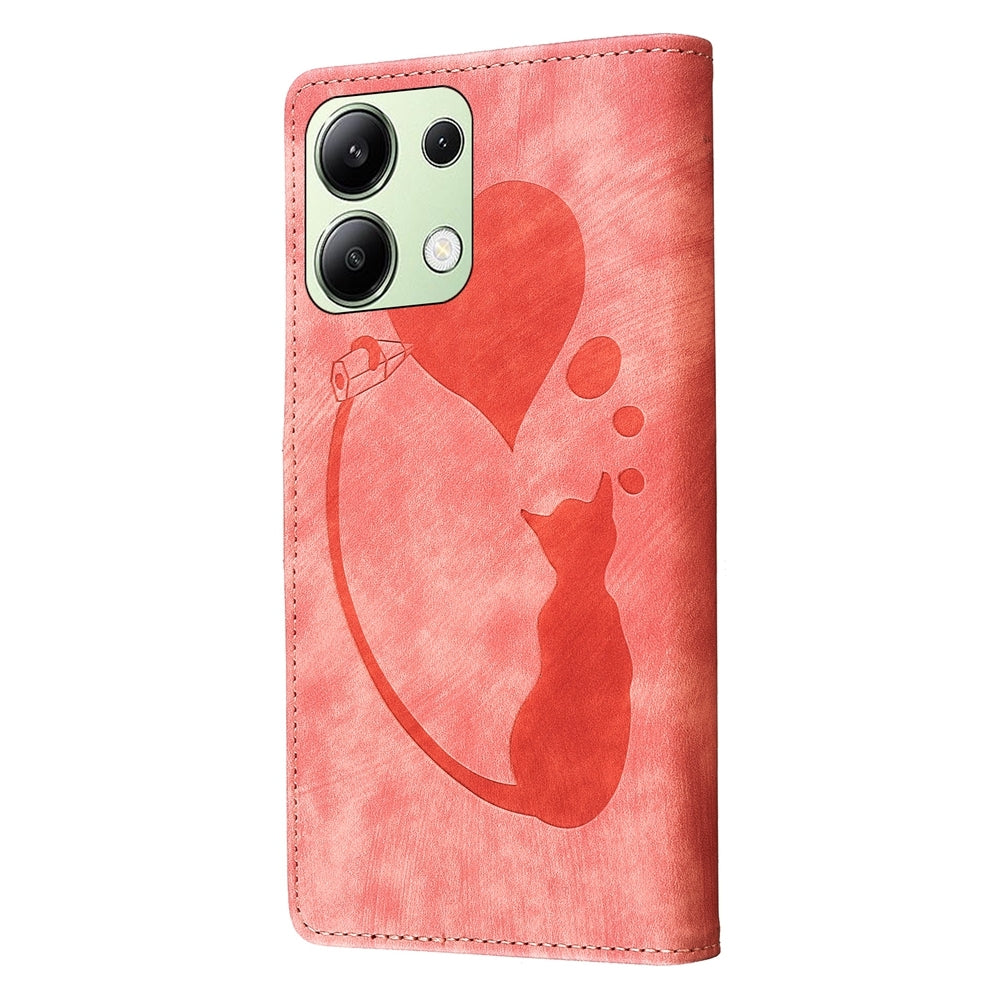 Xiaomi Redmi Note 13 4G Heart & Cat Embossed Multi-Functional Pen Leather Wallet Phone Case with Stand and Card Slots