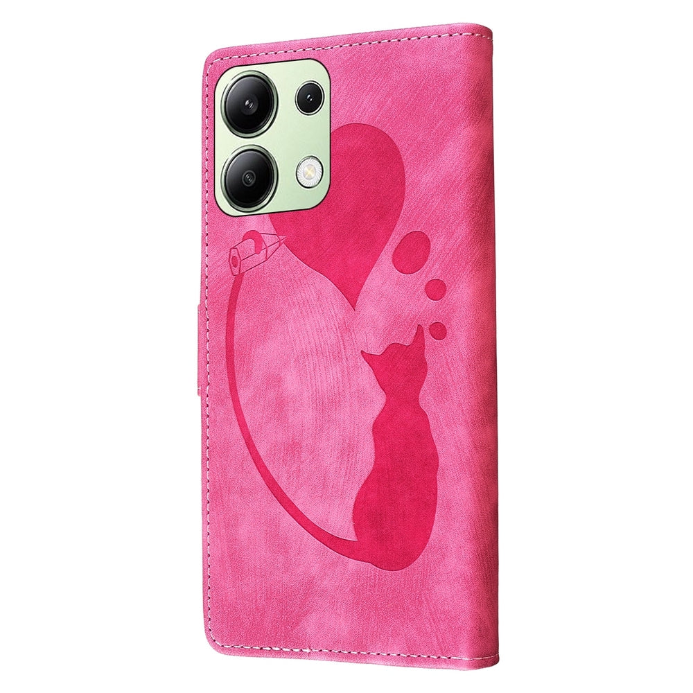 Xiaomi Redmi Note 13 4G Heart & Cat Embossed Multi-Functional Pen Leather Wallet Phone Case with Stand and Card Slots