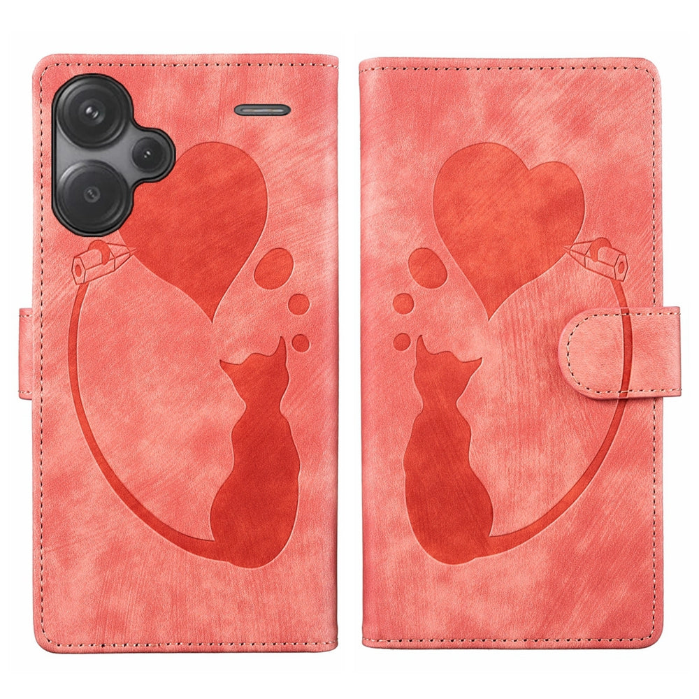 Xiaomi Redmi Note 13 Pro+ Heart & Cat Embossed Multi-Functional Pen Leather Wallet Phone Case with Stand and Card Slots