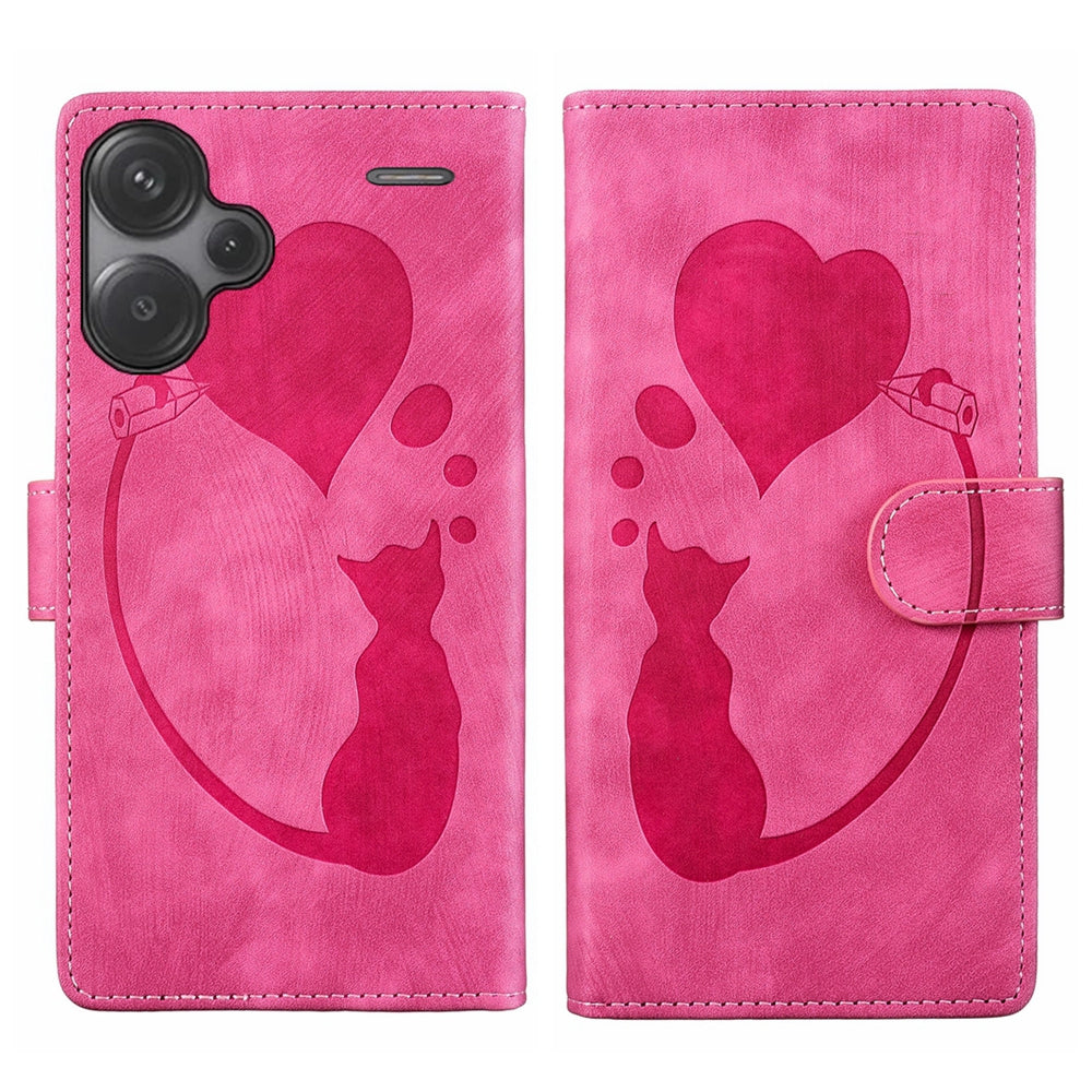 Xiaomi Redmi Note 13 Pro+ Heart & Cat Embossed Multi-Functional Pen Leather Wallet Phone Case with Stand and Card Slots