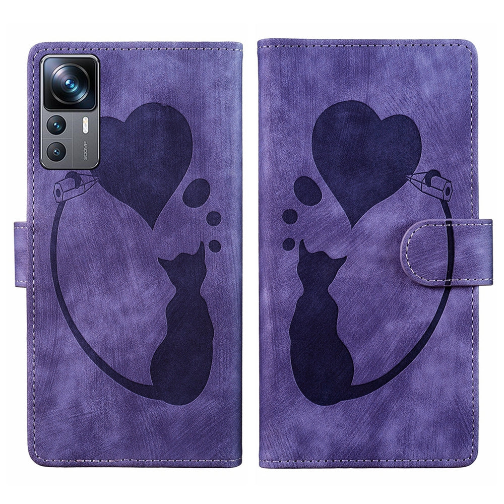 Xiaomi 12T Heart & Cat Embossed Multi-Functional Pen Leather Wallet Phone Case with Stand and Card Slots