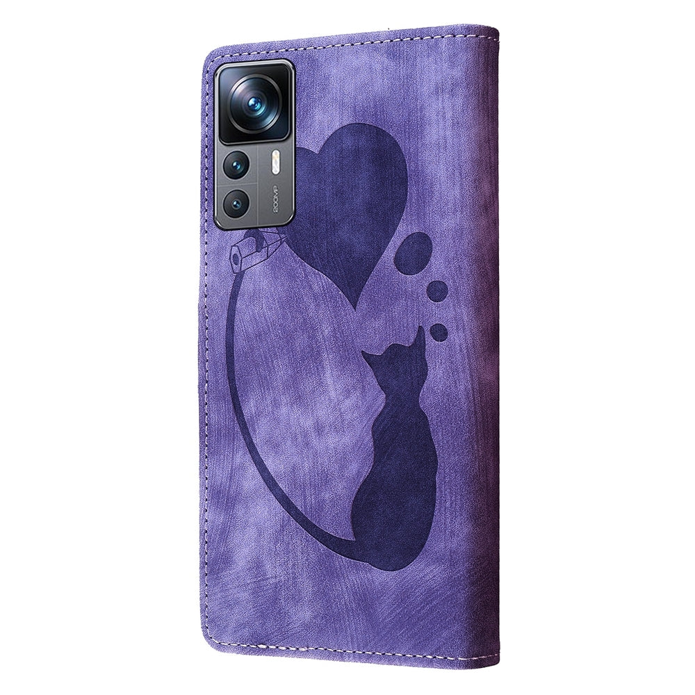 Xiaomi 12T Heart & Cat Embossed Multi-Functional Pen Leather Wallet Phone Case with Stand and Card Slots