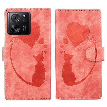 Xiaomi 13T Heart & Cat Embossed Multi-Functional Pen Leather Wallet Phone Case with Stand and Card Slots