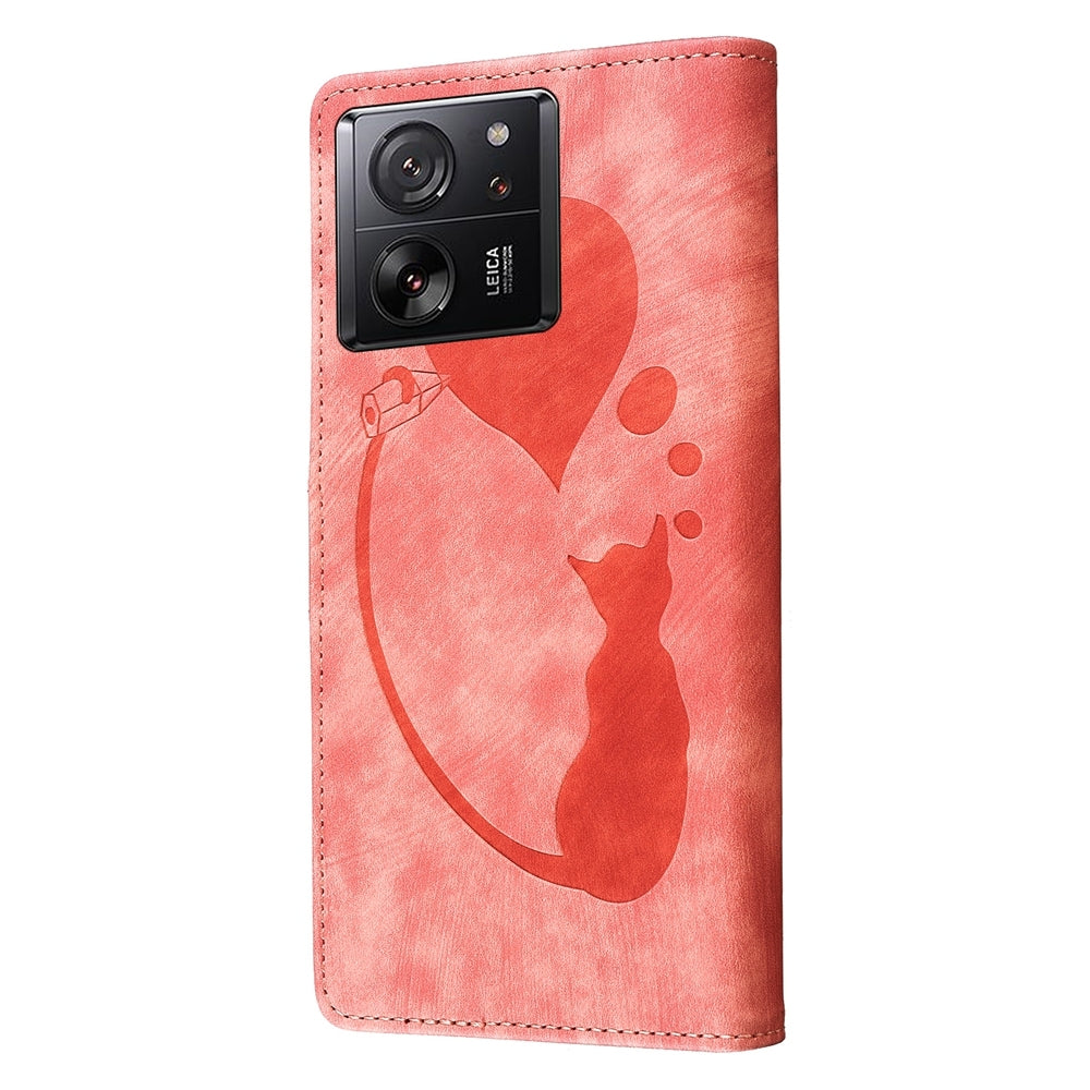 Xiaomi 13T Heart & Cat Embossed Multi-Functional Pen Leather Wallet Phone Case with Stand and Card Slots