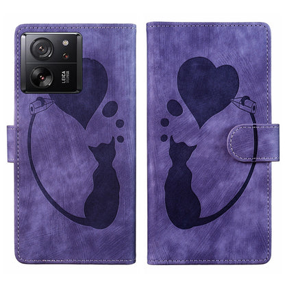 Xiaomi 13T Heart & Cat Embossed Multi-Functional Pen Leather Wallet Phone Case with Stand and Card Slots