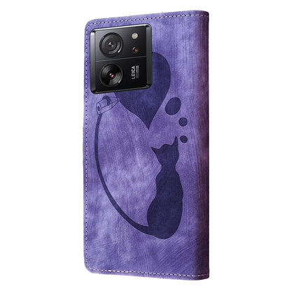 Xiaomi 13T Pro Heart & Cat Embossed Multi-Functional Pen Leather Wallet Phone Case with Stand and Card Slots