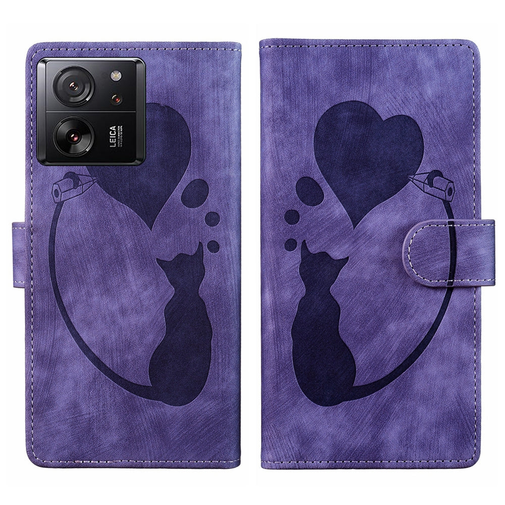 Xiaomi 13T Pro Heart & Cat Embossed Multi-Functional Pen Leather Wallet Phone Case with Stand and Card Slots