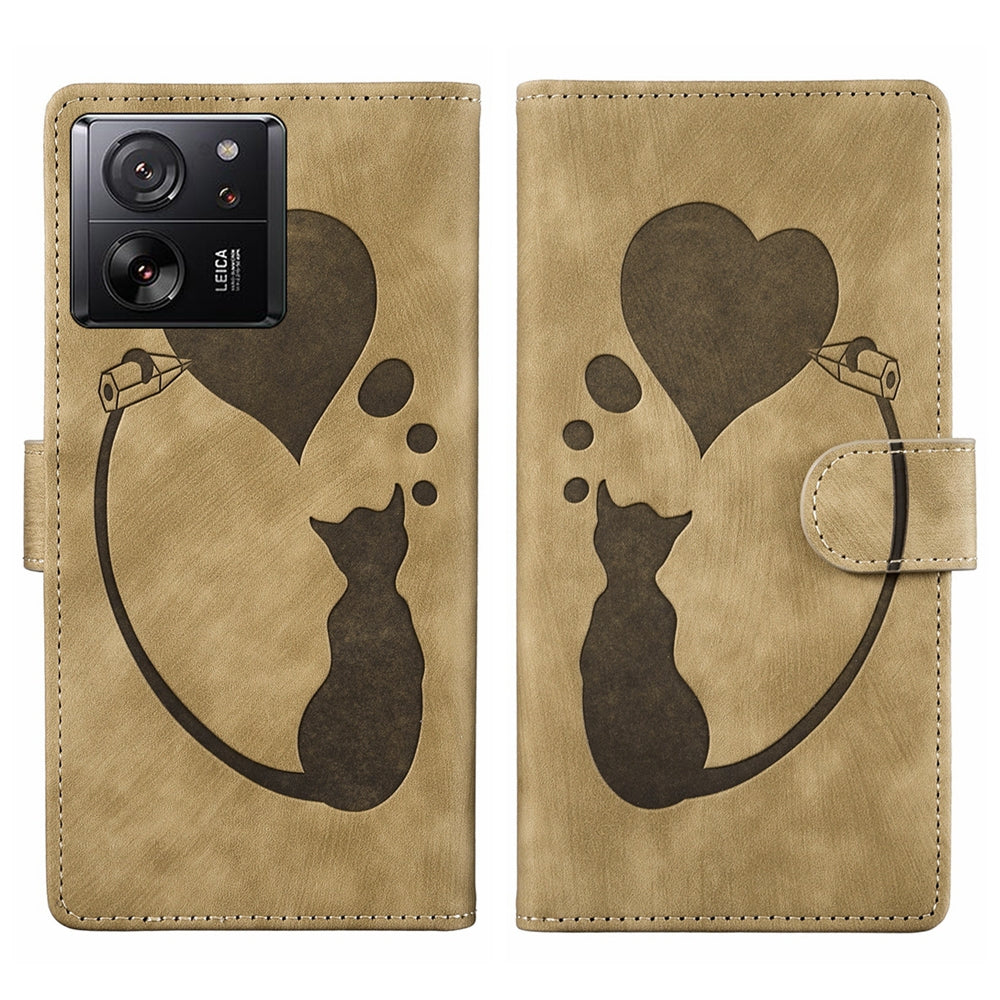 Xiaomi 13T Heart & Cat Embossed Multi-Functional Pen Leather Wallet Phone Case with Stand and Card Slots