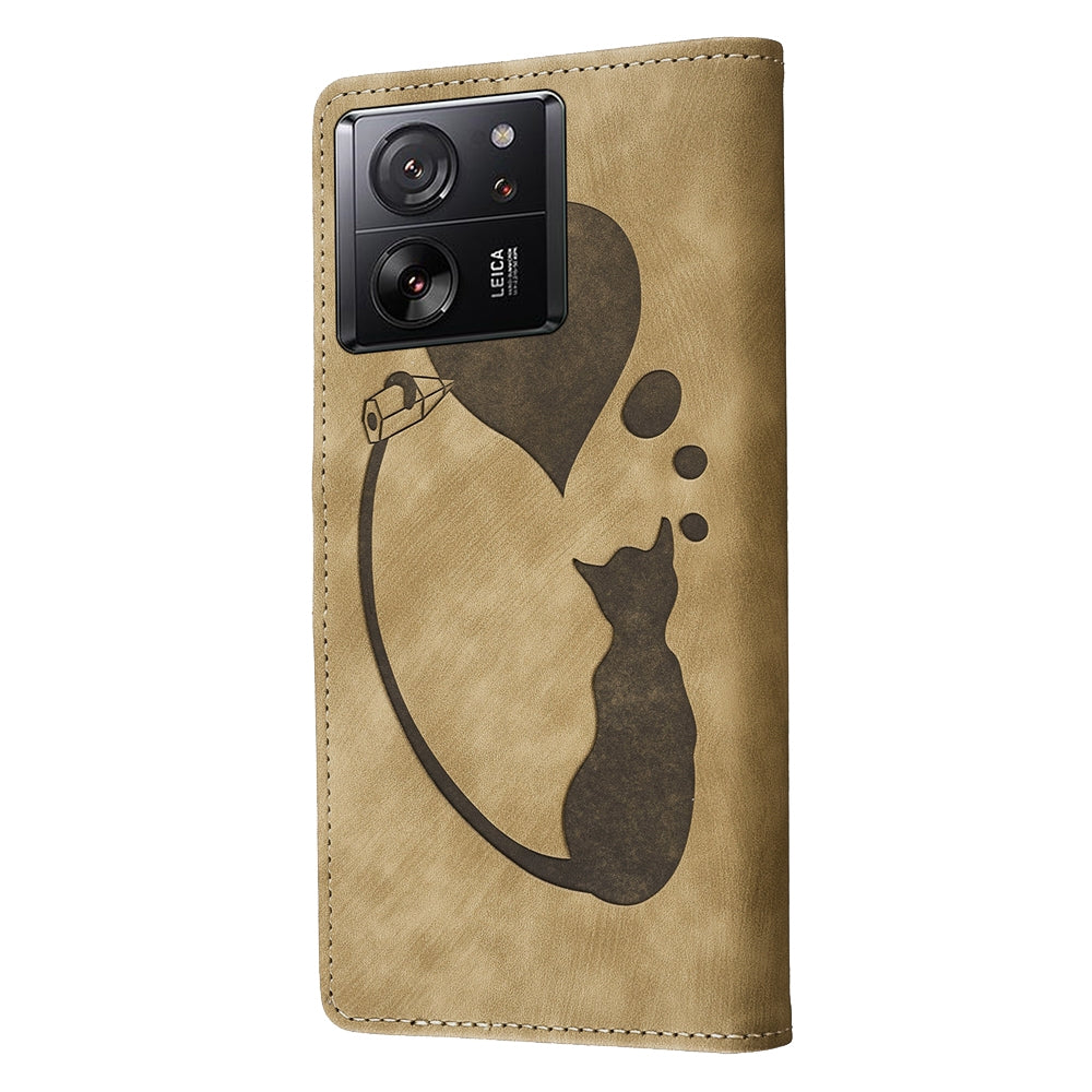 Xiaomi 13T Heart & Cat Embossed Multi-Functional Pen Leather Wallet Phone Case with Stand and Card Slots