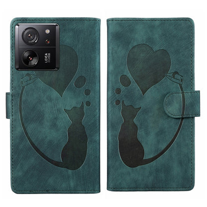 Xiaomi 13T Heart & Cat Embossed Multi-Functional Pen Leather Wallet Phone Case with Stand and Card Slots