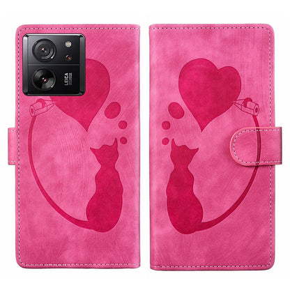 Xiaomi 13T Heart & Cat Embossed Multi-Functional Pen Leather Wallet Phone Case with Stand and Card Slots