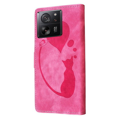 Xiaomi 13T Heart & Cat Embossed Multi-Functional Pen Leather Wallet Phone Case with Stand and Card Slots