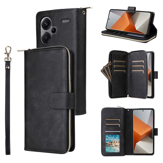 Redmi Note 13 Pro+ Leather Wallet Case with 9 Card Slots, Zipped Cash Pocket & Kickstand - Premium PU TPU Protective Cover with Wrist Strap