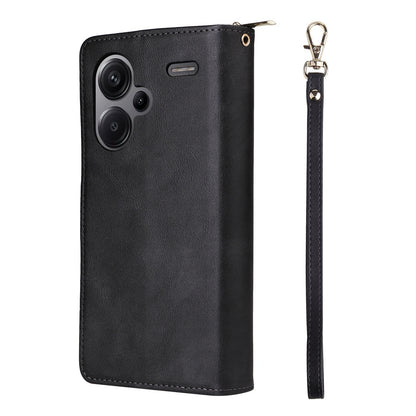 Redmi Note 13 Pro+ Leather Wallet Case with 9 Card Slots, Zipped Cash Pocket & Kickstand - Premium PU TPU Protective Cover with Wrist Strap