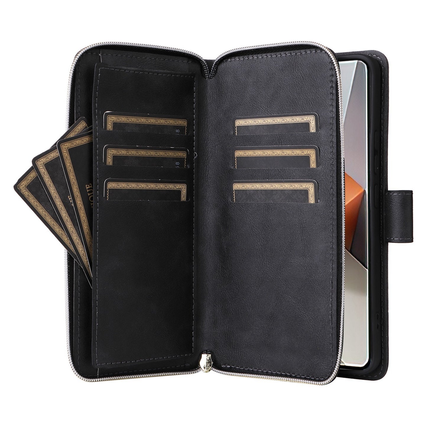 Redmi Note 13 Pro+ Leather Wallet Case with 9 Card Slots, Zipped Cash Pocket & Kickstand - Premium PU TPU Protective Cover with Wrist Strap