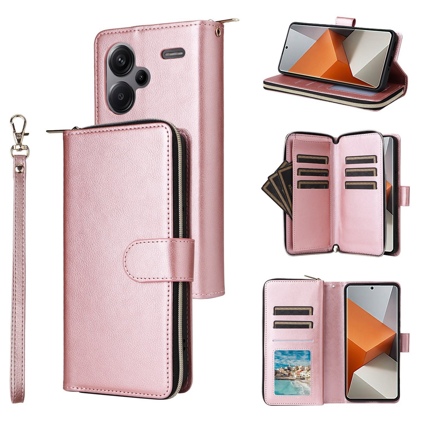 Redmi Note 13 Pro+ Leather Wallet Case with 9 Card Slots, Zipped Cash Pocket & Kickstand - Premium PU TPU Protective Cover with Wrist Strap