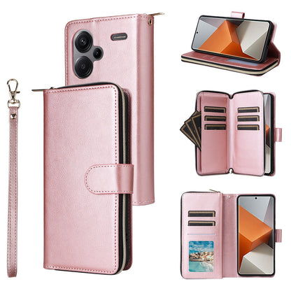 Redmi Note 13 Pro+ Leather Wallet Case with 9 Card Slots, Zipped Cash Pocket & Kickstand - Premium PU TPU Protective Cover with Wrist Strap