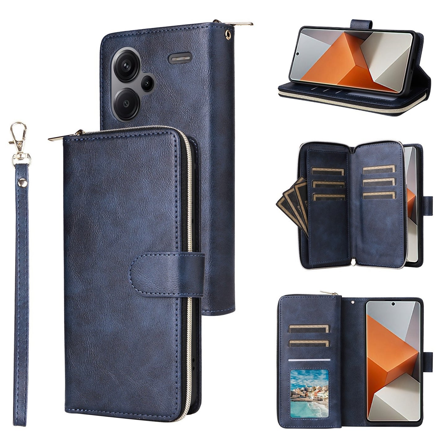 Redmi Note 13 Pro+ Leather Wallet Case with 9 Card Slots, Zipped Cash Pocket & Kickstand - Premium PU TPU Protective Cover with Wrist Strap
