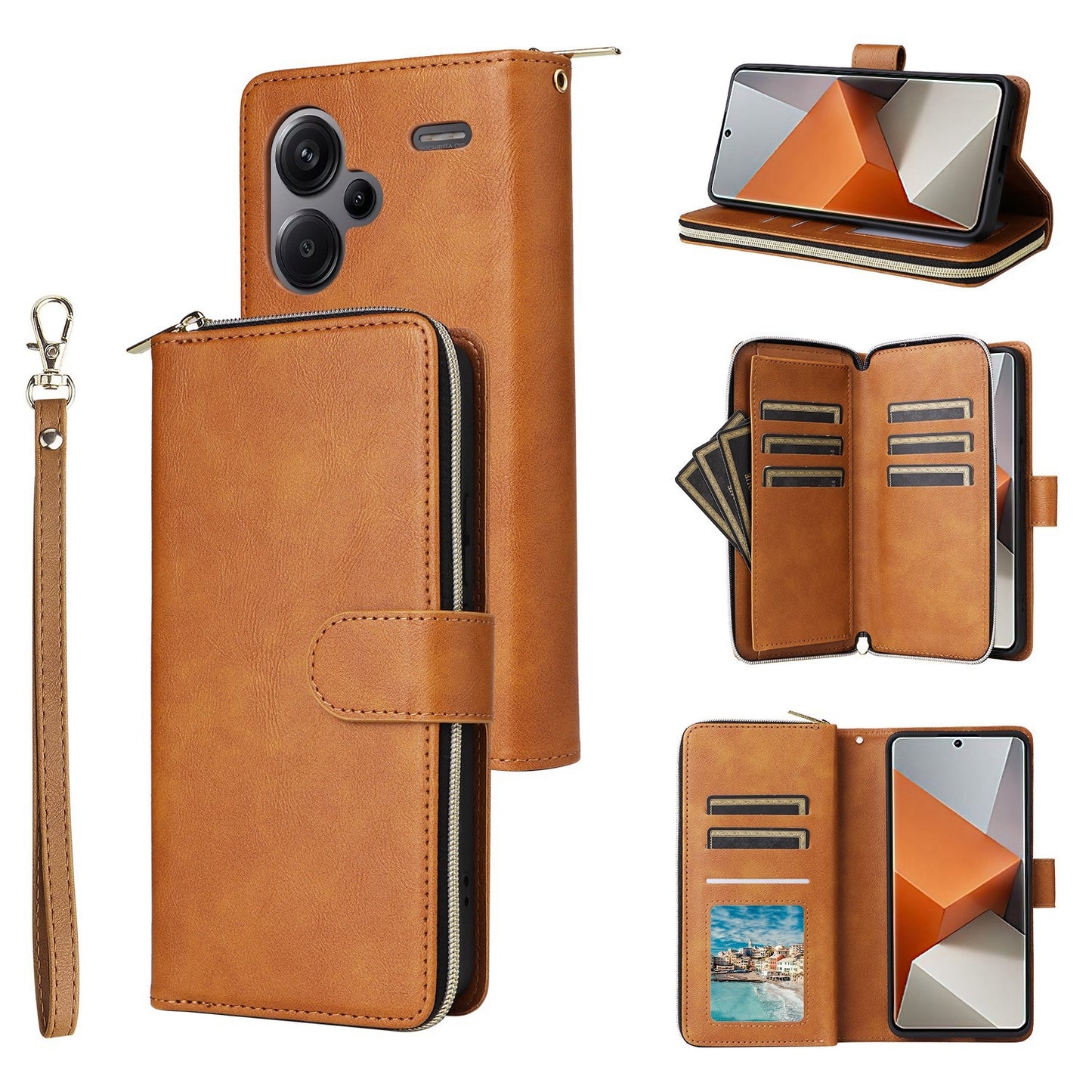 Redmi Note 13 Pro+ Leather Wallet Case with 9 Card Slots, Zipped Cash Pocket & Kickstand - Premium PU TPU Protective Cover with Wrist Strap