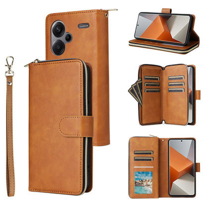 Redmi Note 13 Pro+ Leather Wallet Case with 9 Card Slots, Zipped Cash Pocket & Kickstand - Premium PU TPU Protective Cover with Wrist Strap