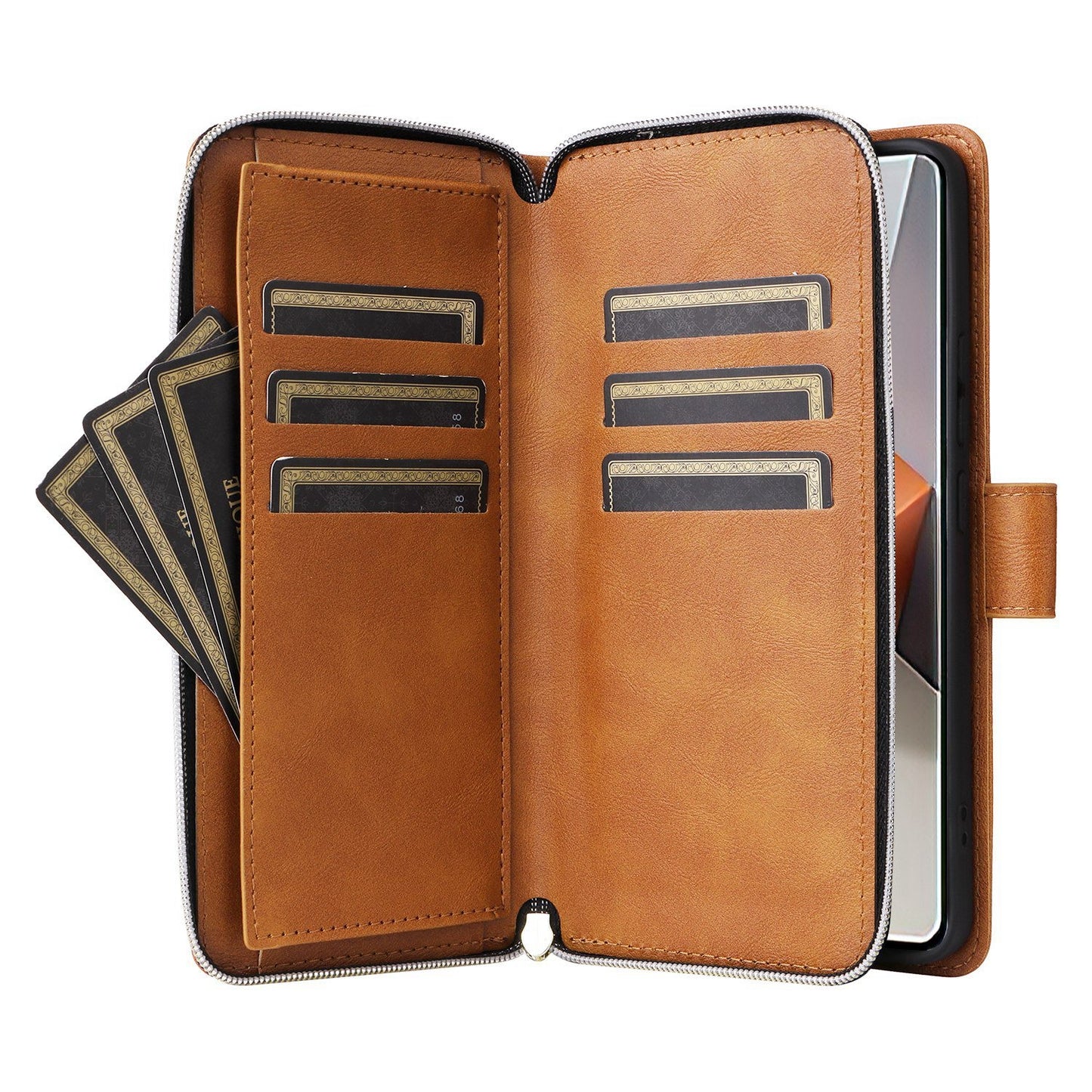 Redmi Note 13 Pro+ Leather Wallet Case with 9 Card Slots, Zipped Cash Pocket & Kickstand - Premium PU TPU Protective Cover with Wrist Strap