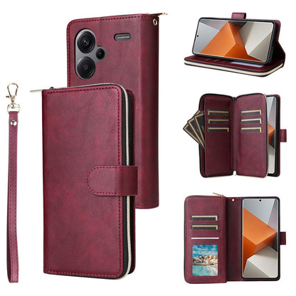 Redmi Note 13 Pro+ Leather Wallet Case with 9 Card Slots, Zipped Cash Pocket & Kickstand - Premium PU TPU Protective Cover with Wrist Strap