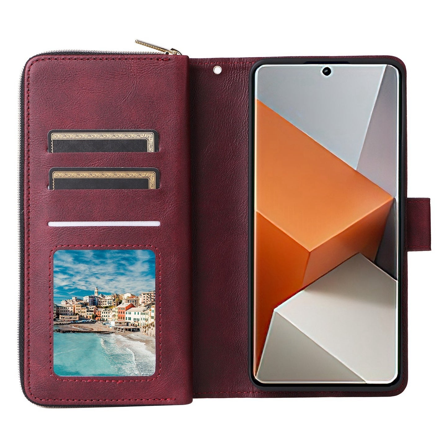 Redmi Note 13 Pro+ Leather Wallet Case with 9 Card Slots, Zipped Cash Pocket & Kickstand - Premium PU TPU Protective Cover with Wrist Strap