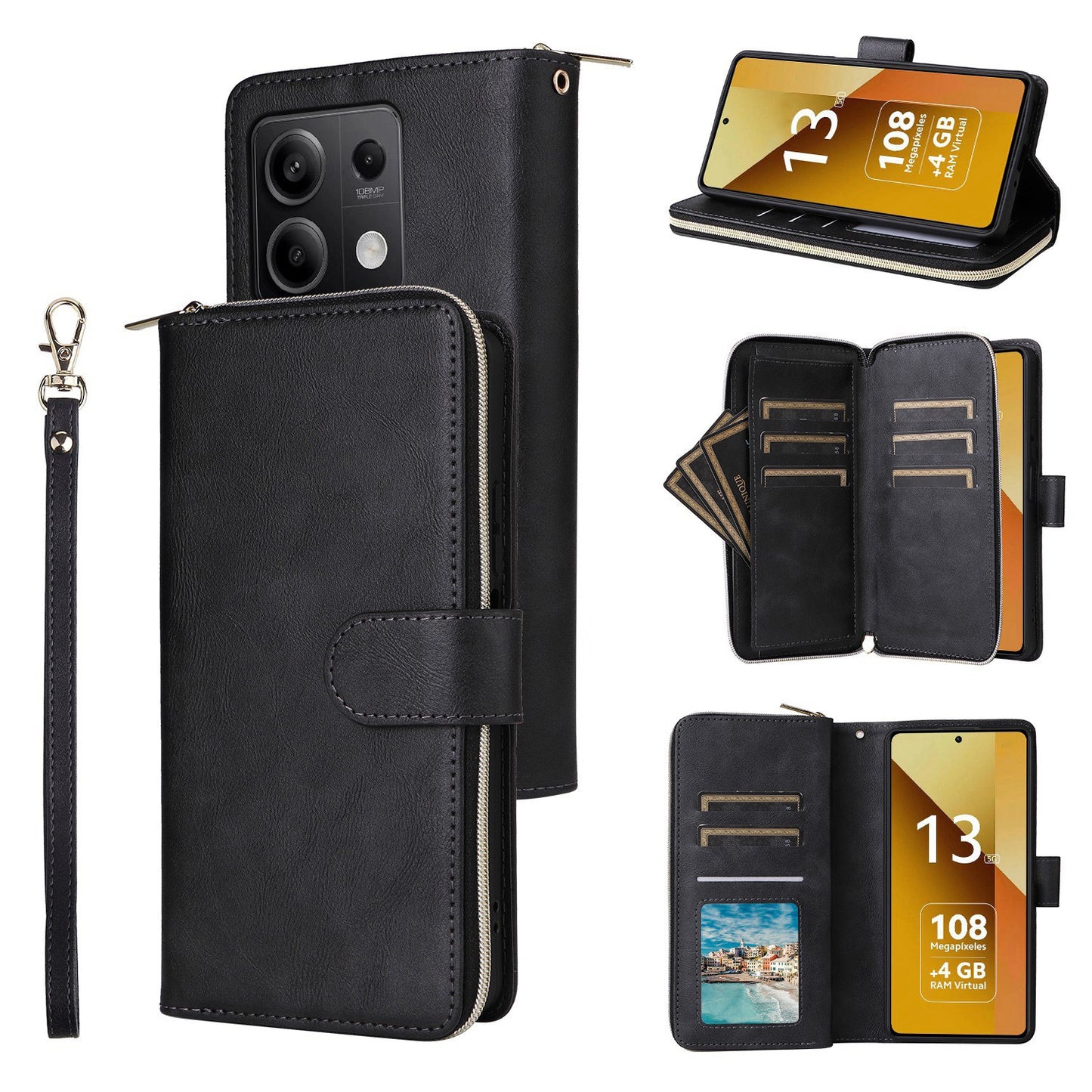 Redmi Note 13 5G Global Leather Wallet Case with 9 Card Slots, Zipped Cash Pocket & Kickstand - Premium PU TPU Protective Cover with Wrist Strap