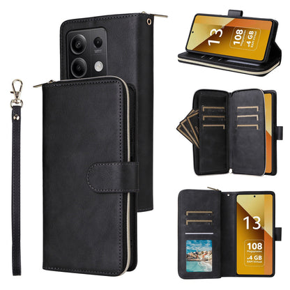 Redmi Note 13 5G Global Leather Wallet Case with 9 Card Slots, Zipped Cash Pocket & Kickstand - Premium PU TPU Protective Cover with Wrist Strap