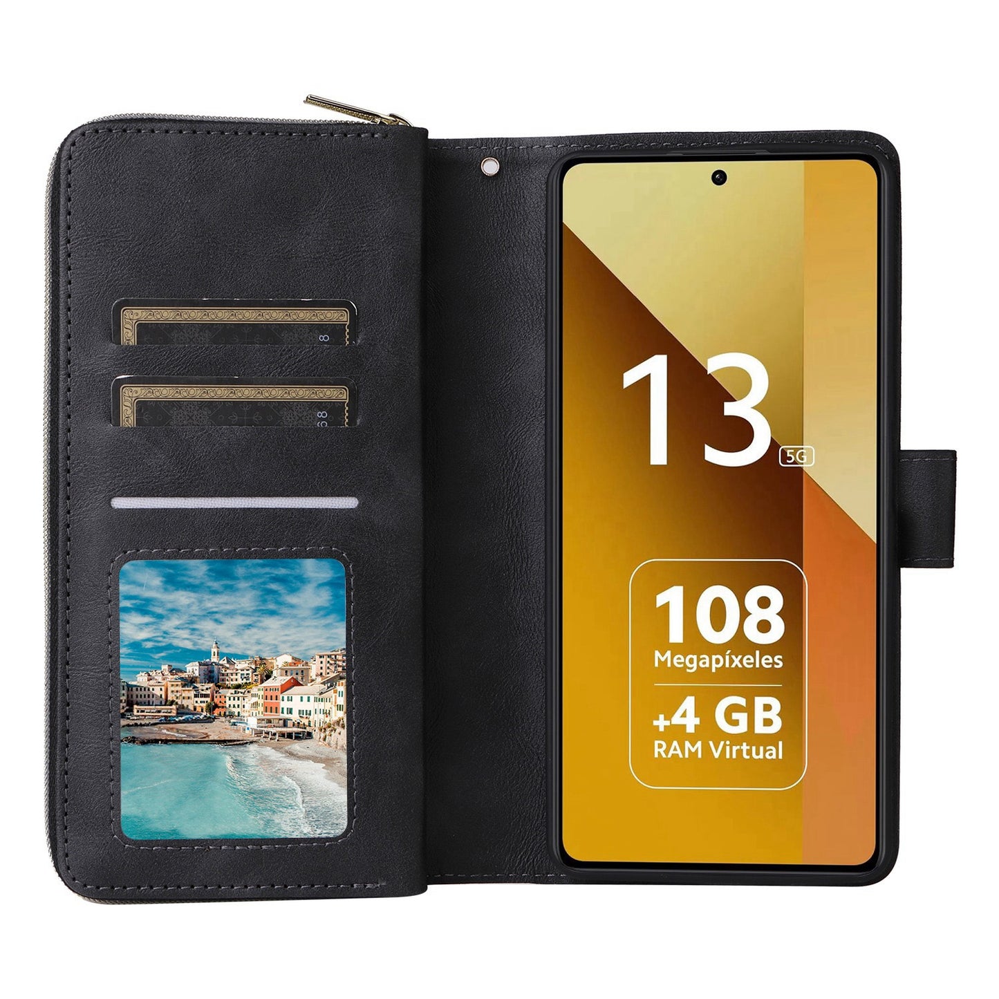 Redmi Note 13 5G Global Leather Wallet Case with 9 Card Slots, Zipped Cash Pocket & Kickstand - Premium PU TPU Protective Cover with Wrist Strap