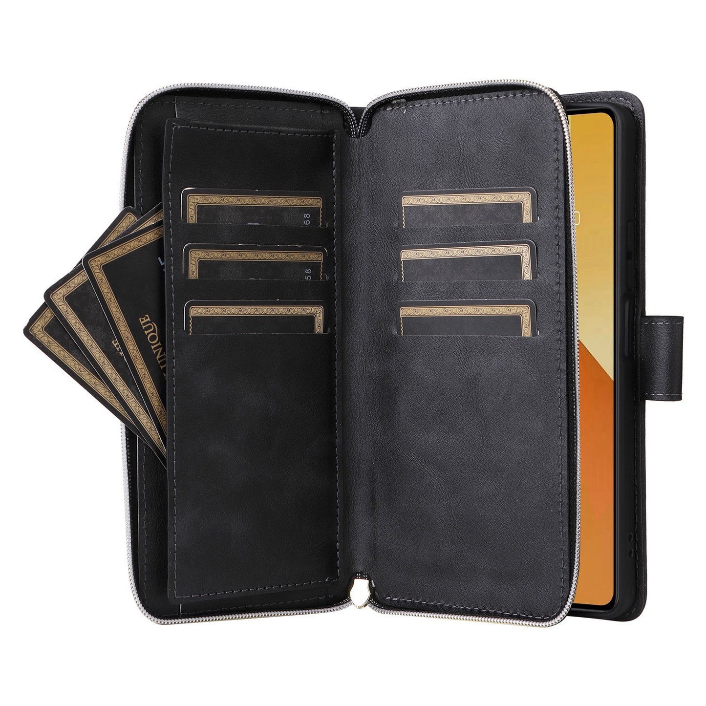 Redmi Note 13 5G Global Leather Wallet Case with 9 Card Slots, Zipped Cash Pocket & Kickstand - Premium PU TPU Protective Cover with Wrist Strap